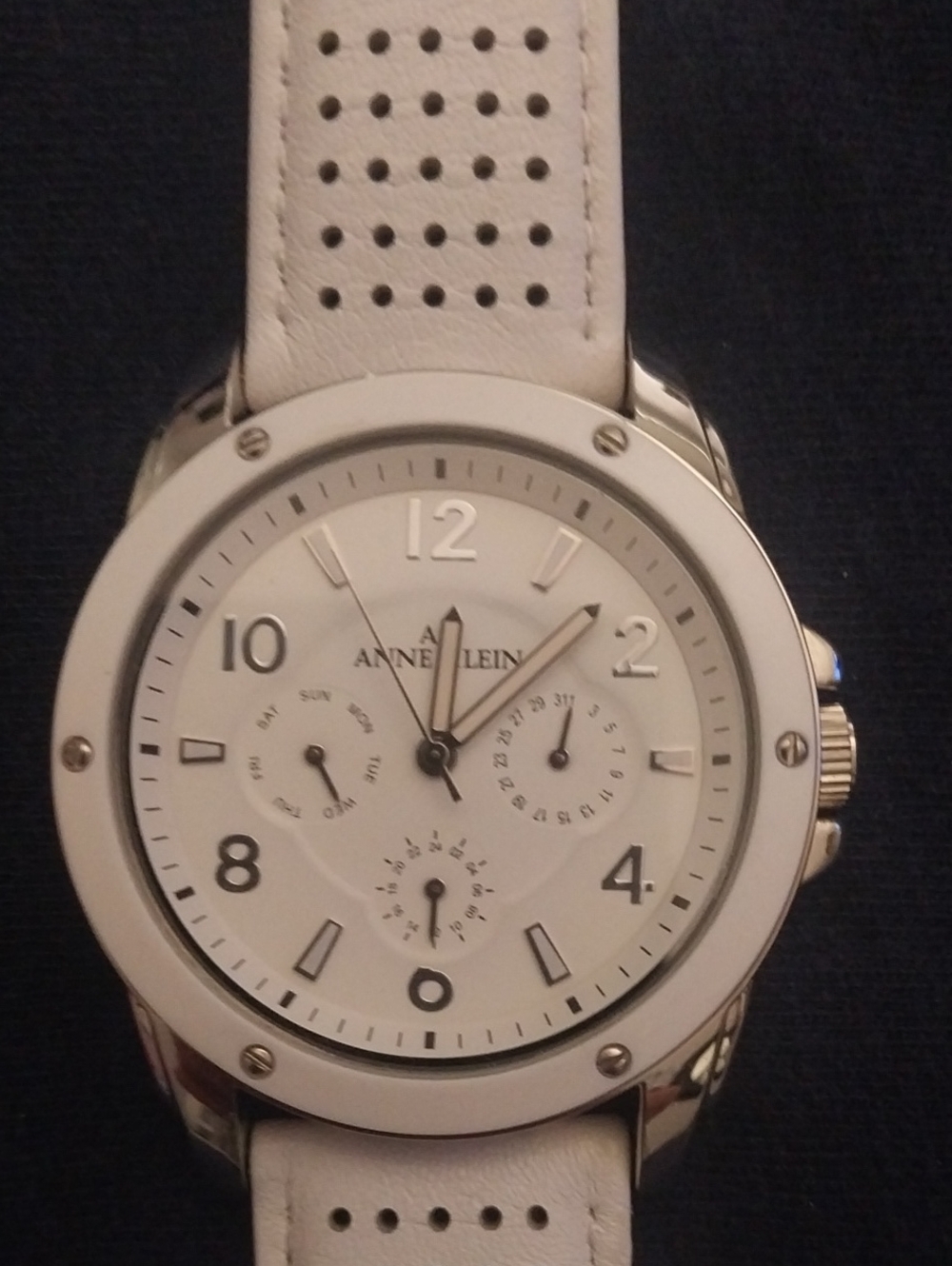 Anne Klein White and Silver Multifunction Leather Strap Watch